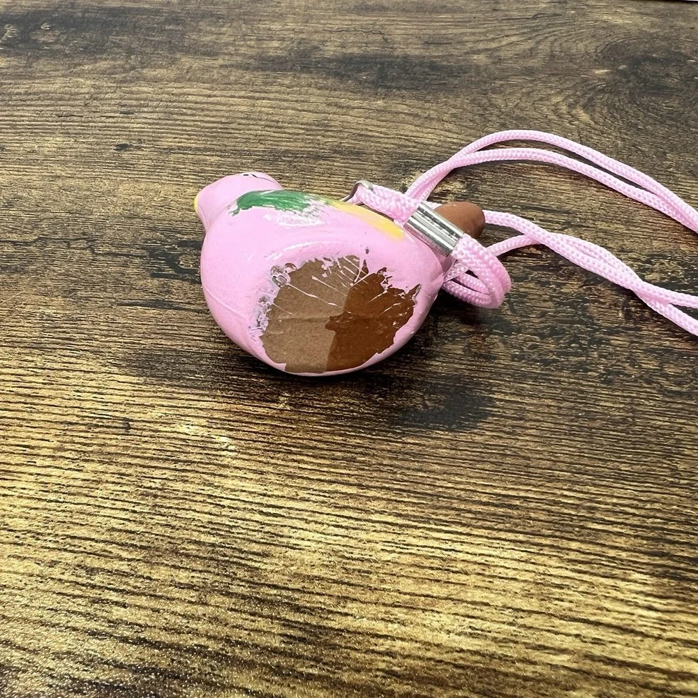 Ceramic Bird‎ Whistle Pink Folk Art Ocarina Necklace Green Yelllow